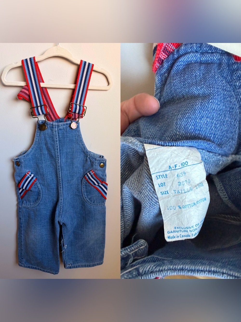 Vintage Ruffniks Blue Denim Kids' Overalls with Red & Blue Striped Suspenders